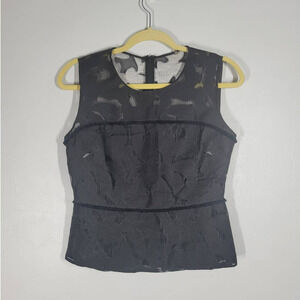 Elie Tahari Round Neck Sleeveless Lace Leaf Pattern Overlay Top Size 6 Black